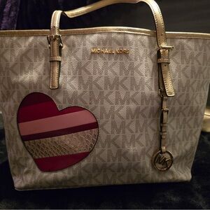 Michael Kors Beige Signature Tote with Red Heart Accent